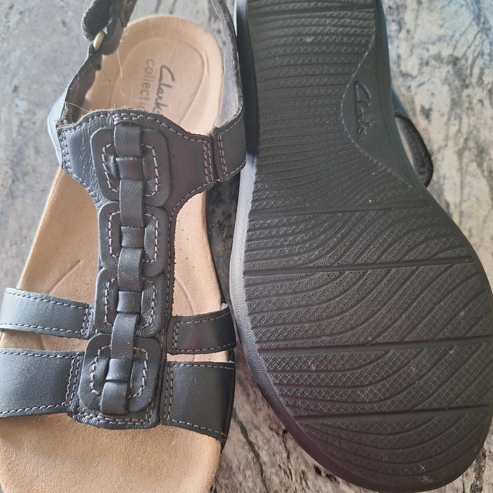 Clark Black Leather Sandals Size 8